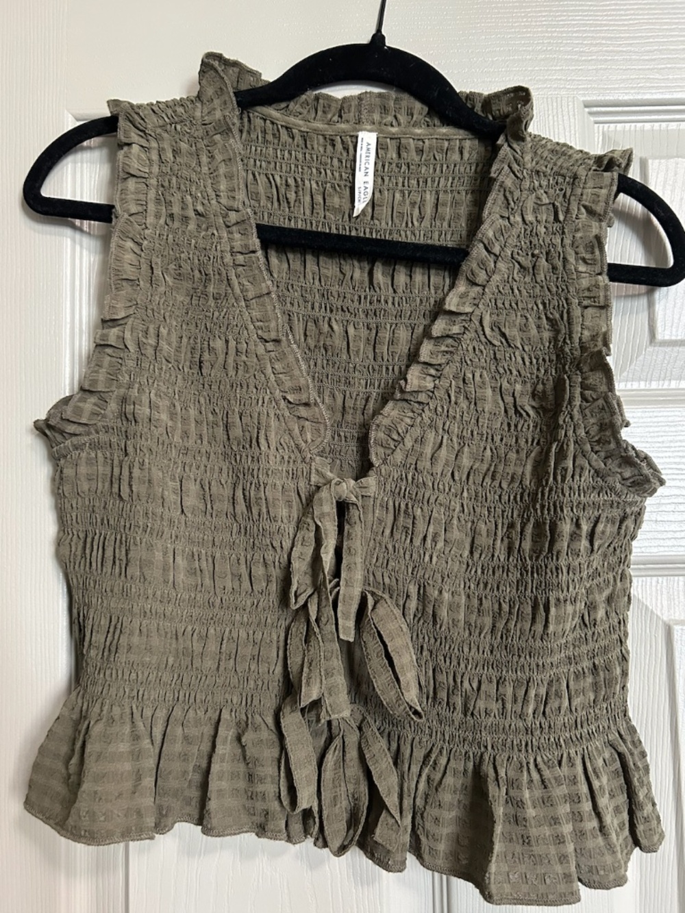AE Tie-in-Front Ruffuled Dark Green Top